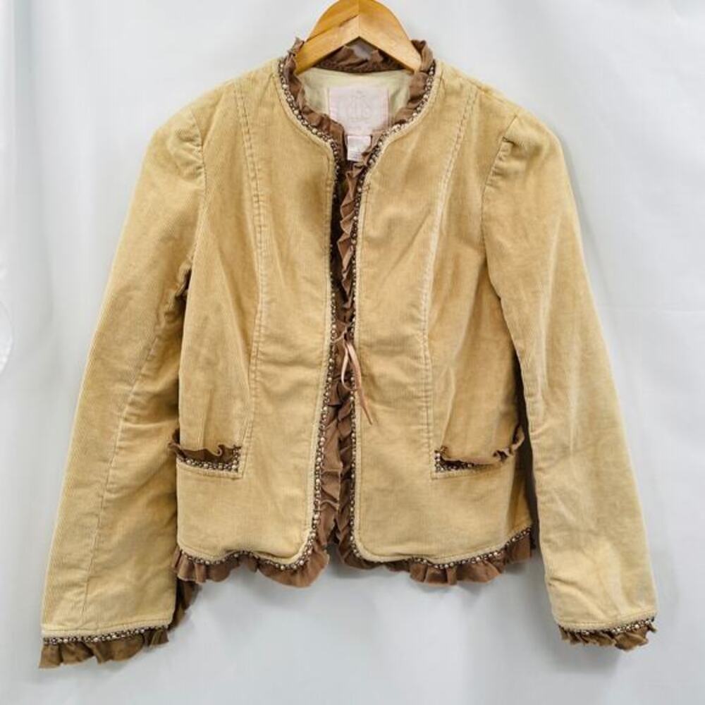 Rebecca‎ Taylor cream corduroy ruffle beaded trim jacket